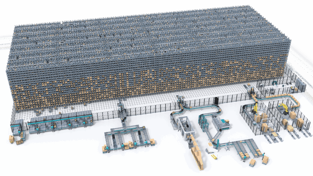Flusso continuo di contenitori in magazzino automatico Skypod